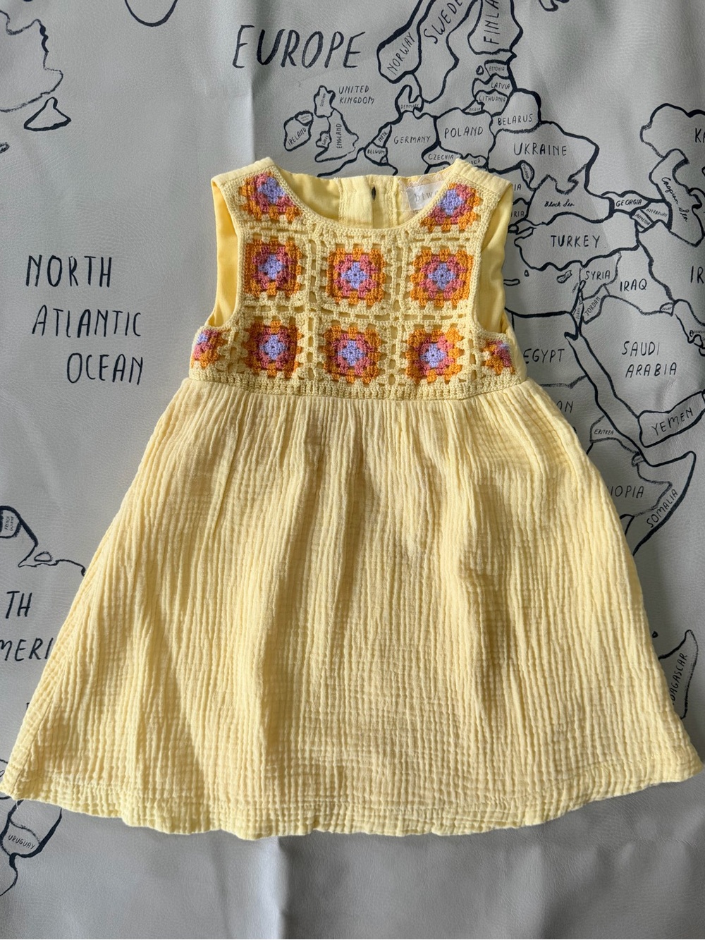 btween Yellow Crochet Bodice Girls' Dress with Pink and Orange Accents